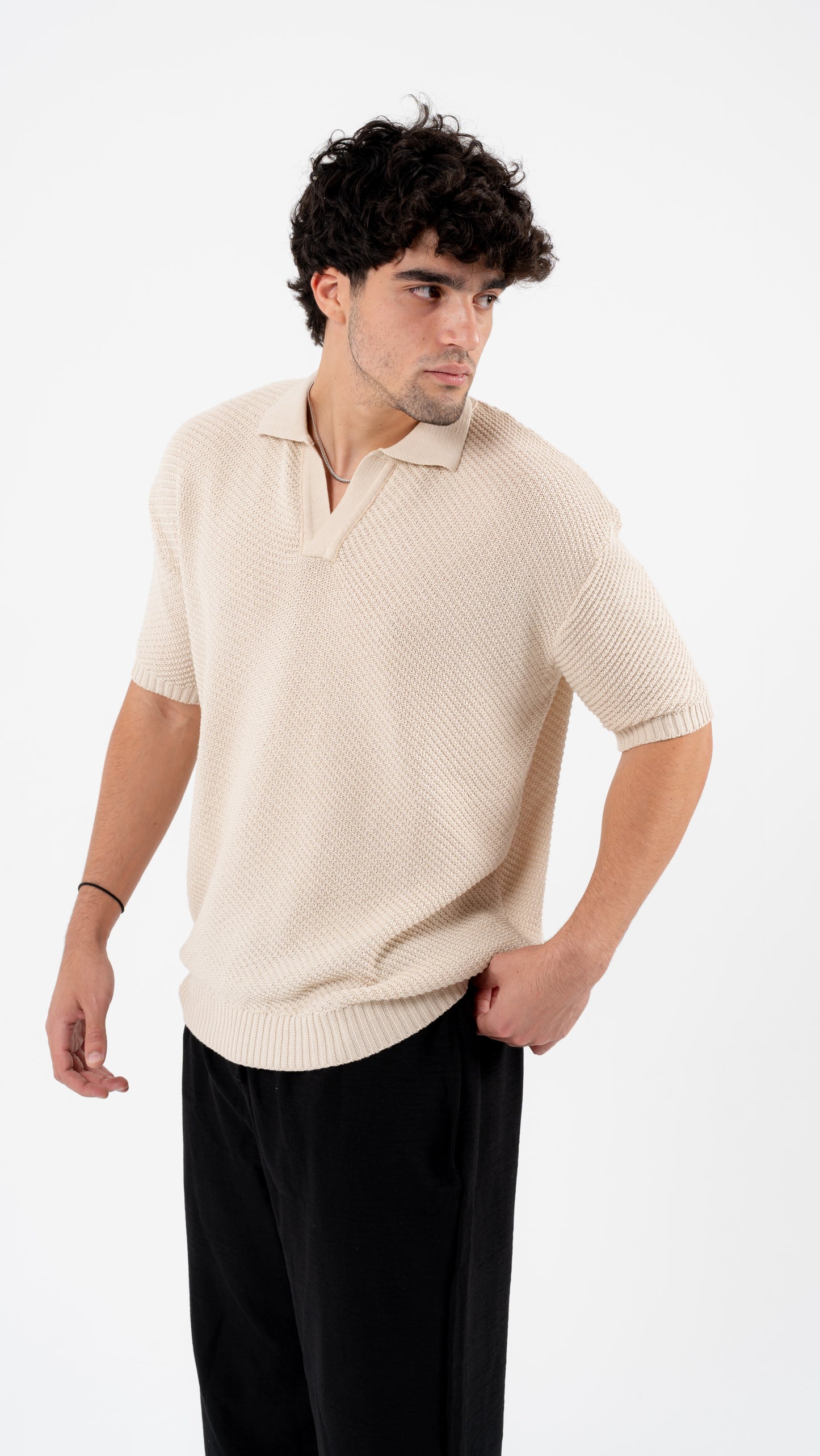 Beige Crochet Polo T-shirt